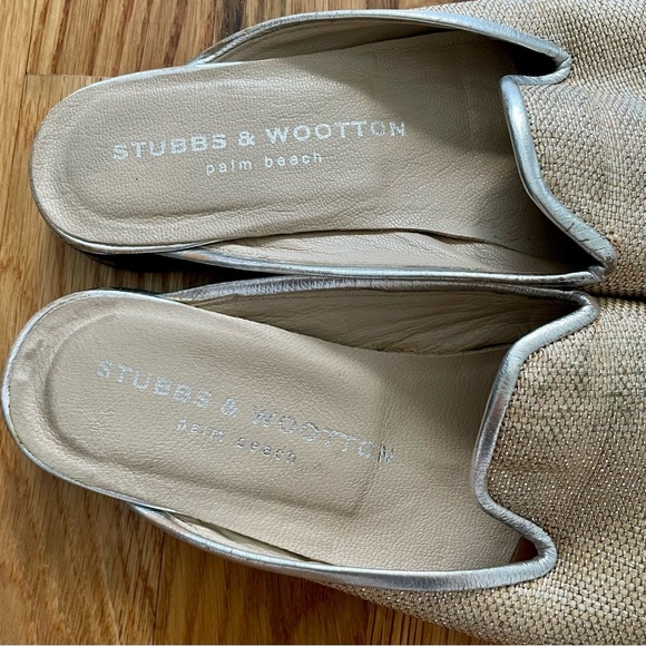 Stubbs and Wootton Leather Woven Metallic Neutral Silver Mules Slides Flats Sz 6 - Picture 3 of 6